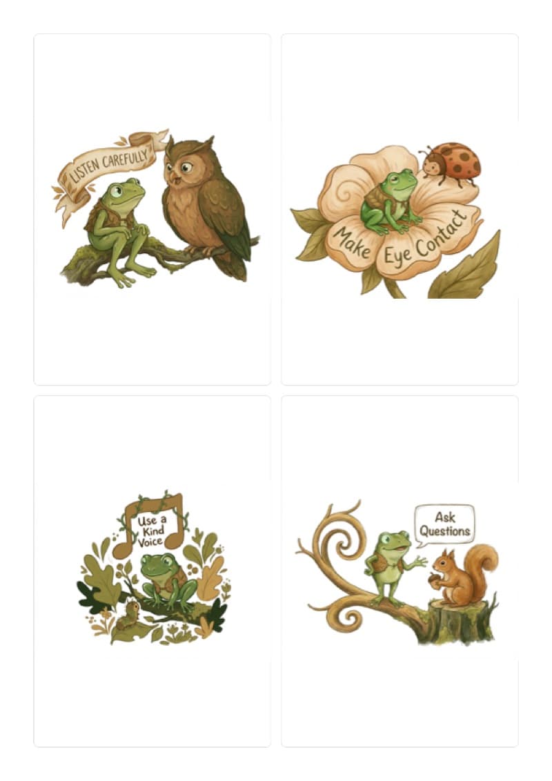 Social skills flashcards with Freddy the frog — Listen Carefully, Make Eye Contact